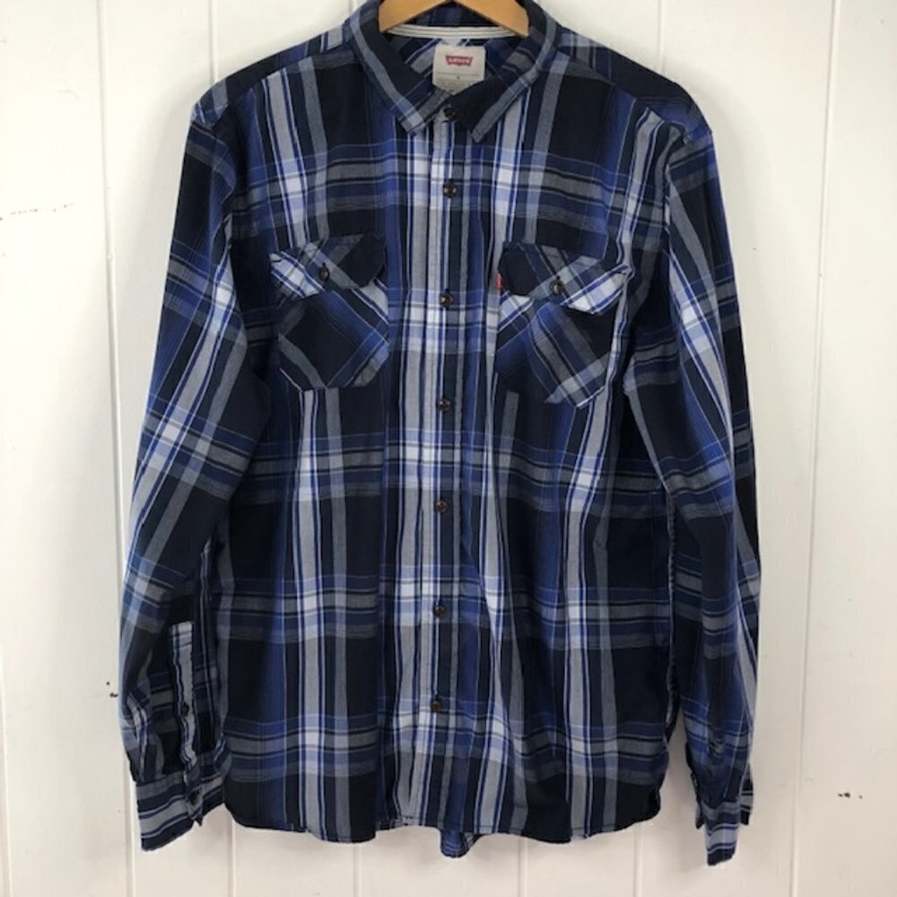 Levis Mens Blue Plaid Button Up Shirt X-Large